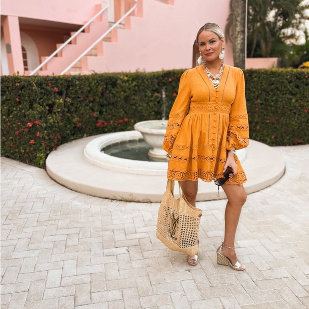 Women's Mustard Eyelet Lace Mini Dress